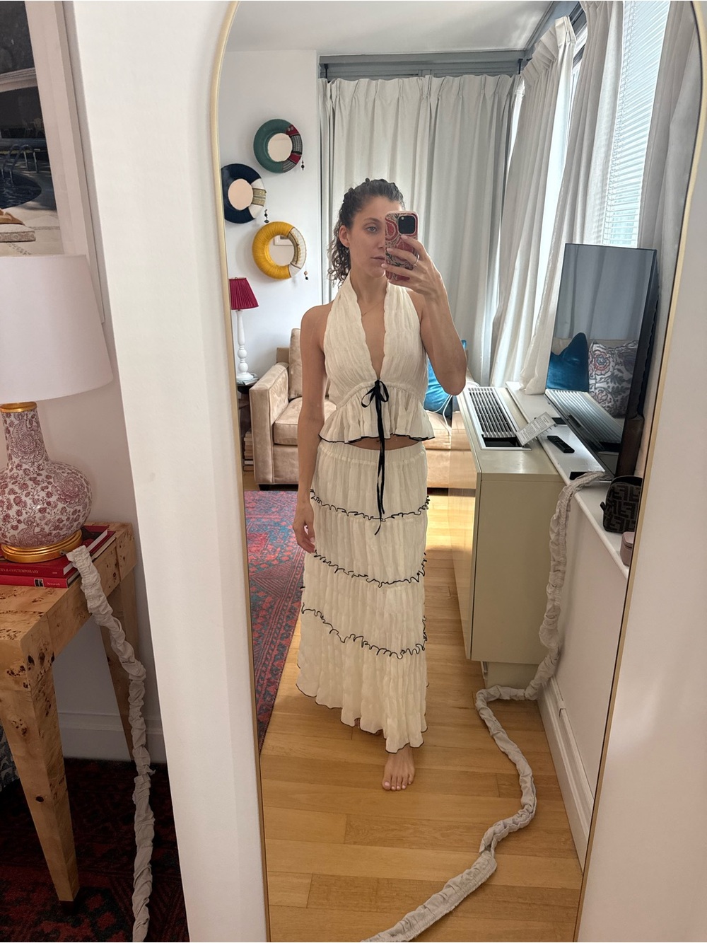 Women’s Cream Tiered Ruffle Maxi Skirt and top with Contrast Trim
